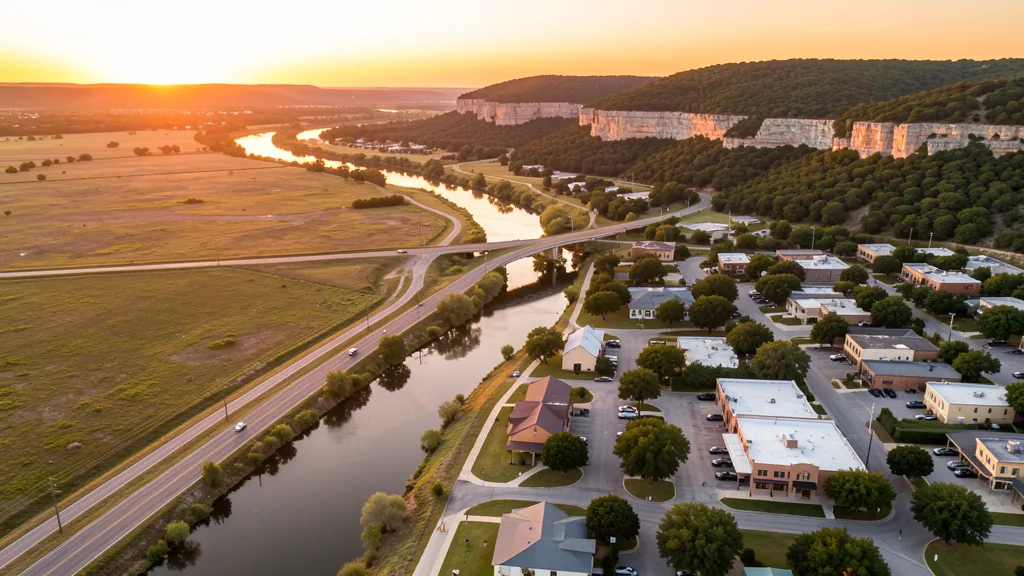 Aerial view of New Braunfels, TX showing the local landscape and terrain relevant to aerial imaging operations