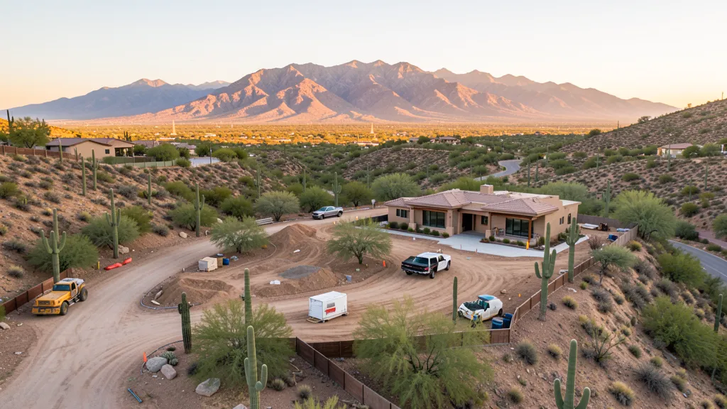 aerial imaging in progress at a construction site in Oro Valley, AZ with local terrain visible