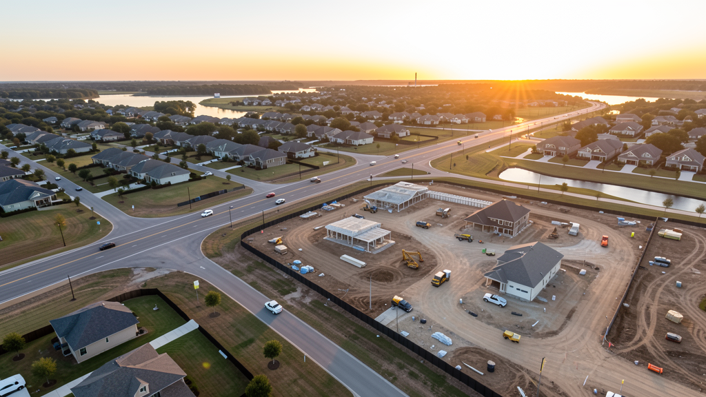 Drone survey in progress at a construction site in Pearland, TX with local terrain visible