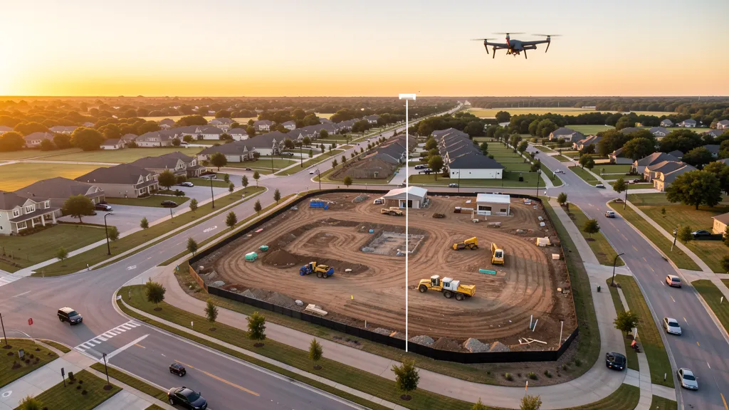 aerial imaging in progress at a construction site in Pflugerville, TX with local terrain visible