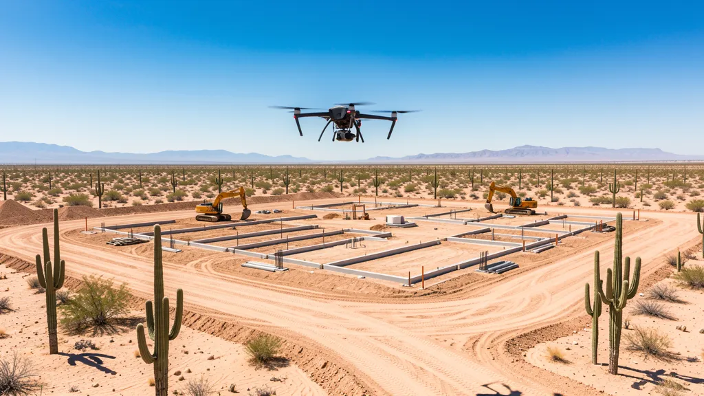 aerial imaging in progress at a construction site in Phoenix, AZ with local terrain visible