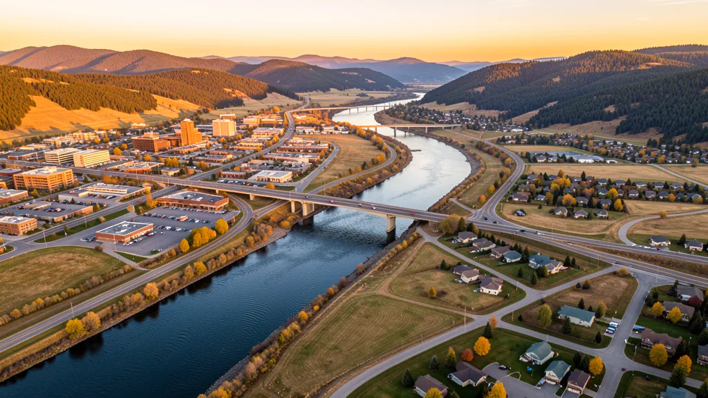 Aerial view of Post Falls, ID showing the local landscape and terrain relevant to aerial imaging operations