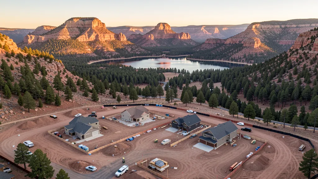 aerial imaging in progress at a construction site in Prescott, AZ with local terrain visible