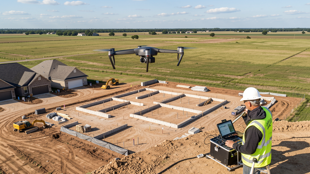 Drone survey in progress at a construction site in Prosper, TX with local terrain visible