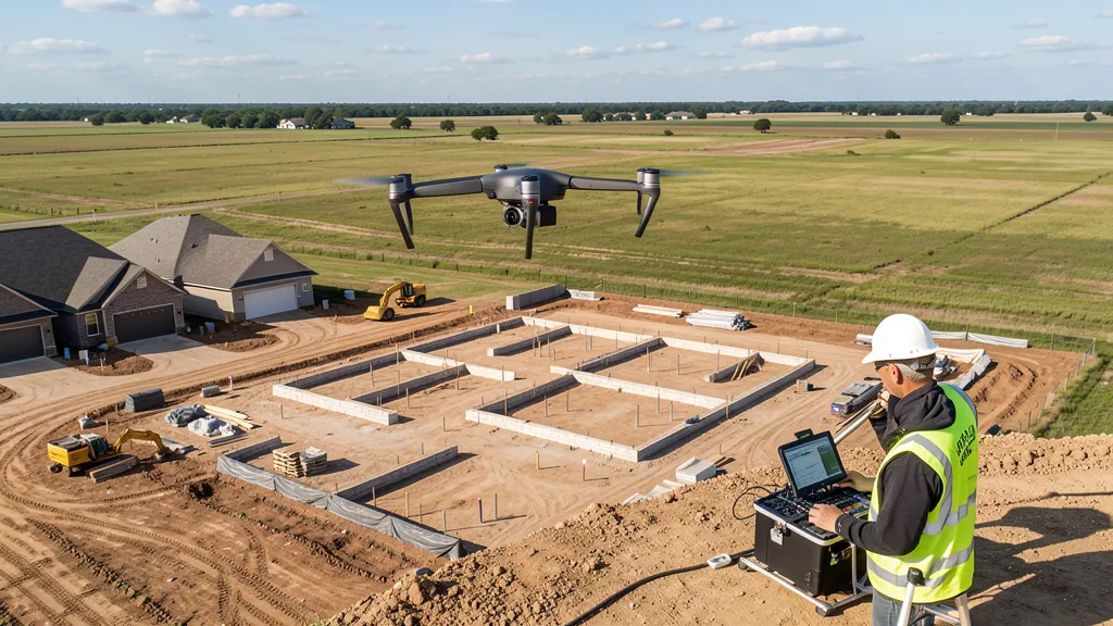 aerial imaging in progress at a construction site in Prosper, TX with local terrain visible