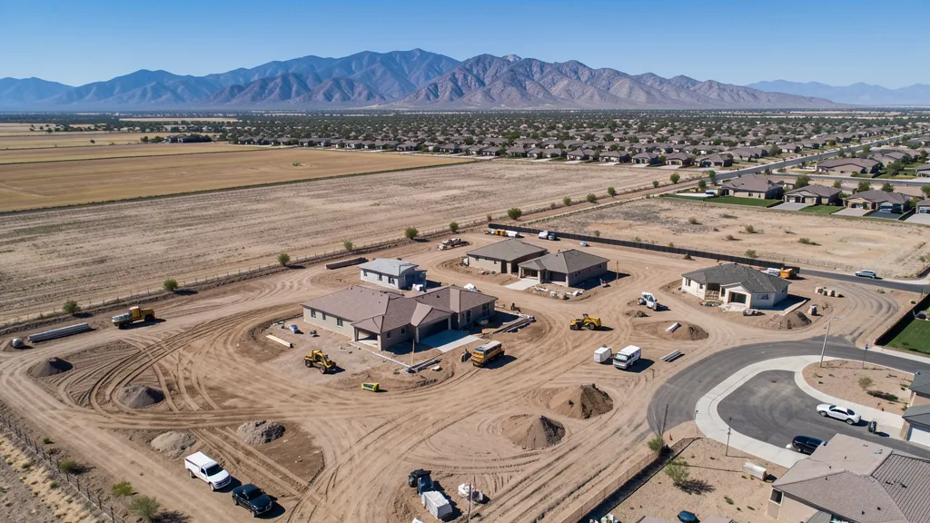 aerial imaging in progress at a construction site in Queen Creek, AZ with local terrain visible
