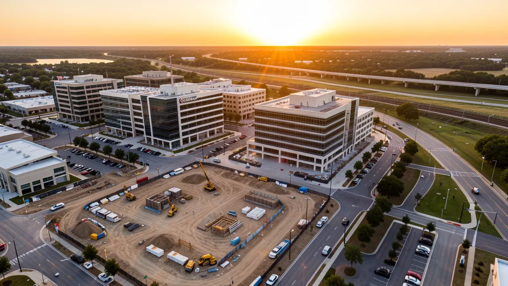aerial imaging in progress at a construction site in Richardson, TX with local terrain visible