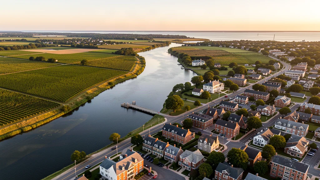 Aerial view of Riverhead, NY showing the local landscape and terrain relevant to aerial imaging operations