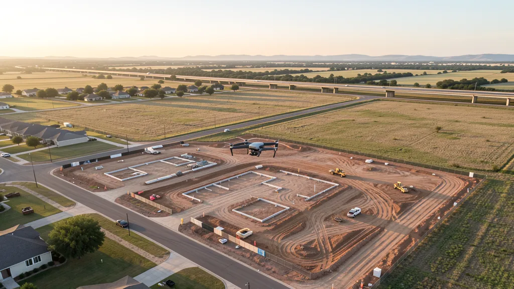 aerial imaging in progress at a construction site in Round Rock, TX with local terrain visible