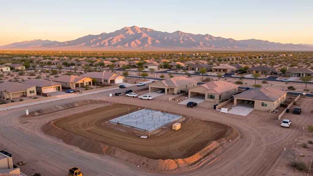 aerial imaging in progress at a construction site in Sahuarita, AZ with local terrain visible