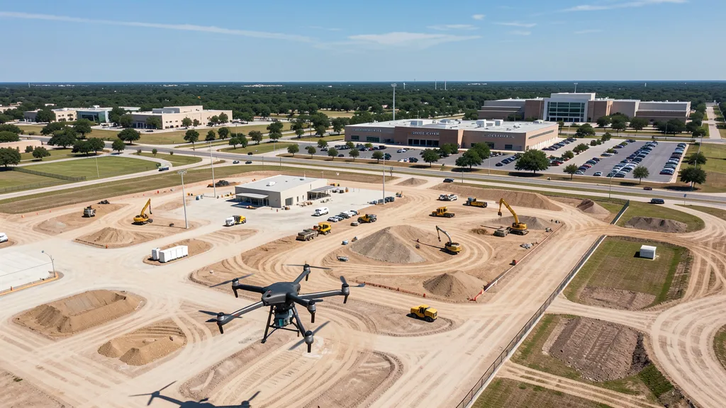 aerial imaging in progress at a construction site in San Antonio, TX with local terrain visible