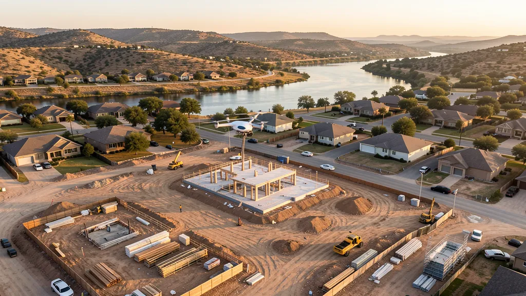 aerial imaging in progress at a construction site in San Marcos, TX with local terrain visible