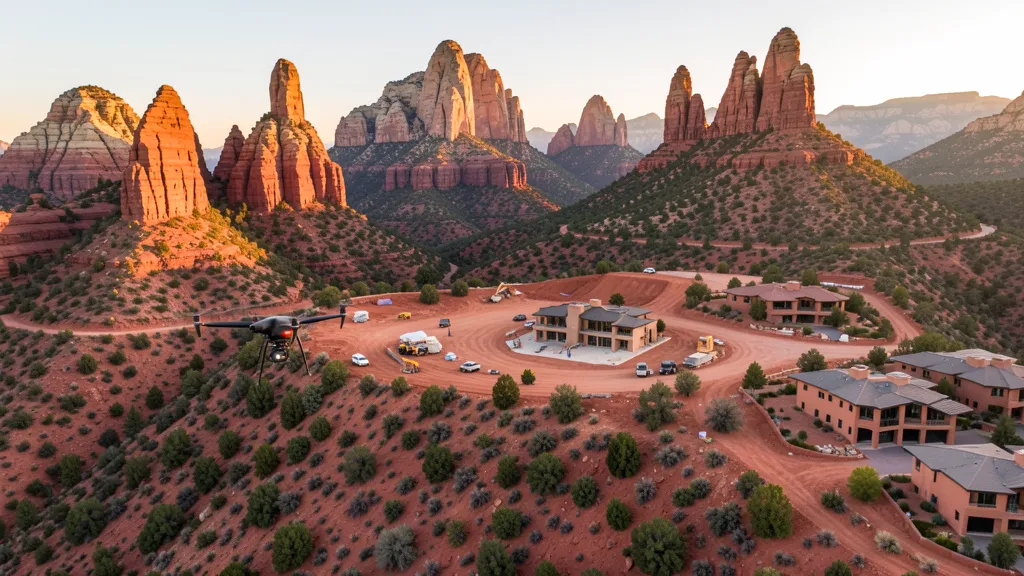 aerial imaging in progress at a construction site in Sedona, AZ with local terrain visible