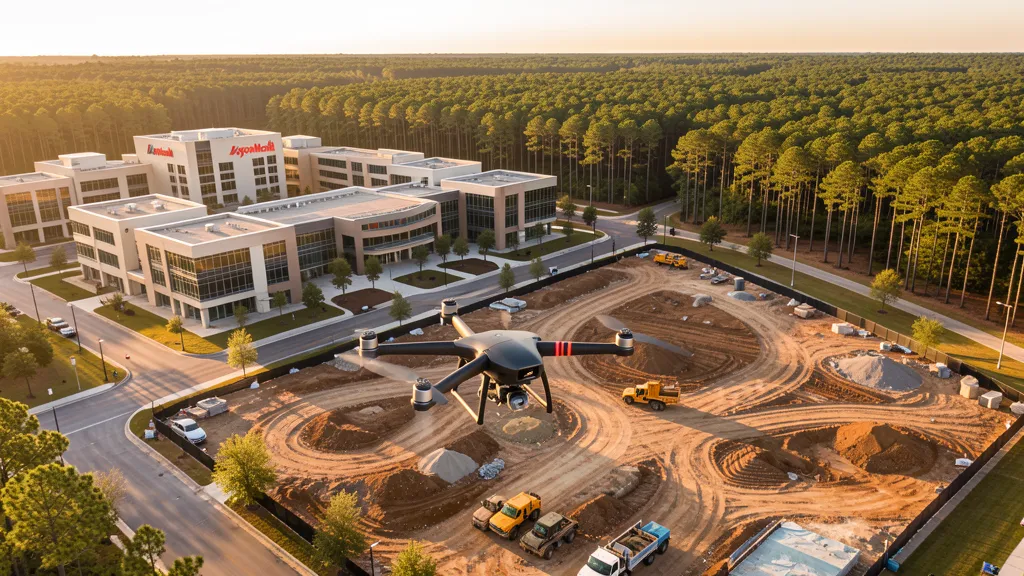aerial imaging in progress at a construction site in Spring, TX with local terrain visible
