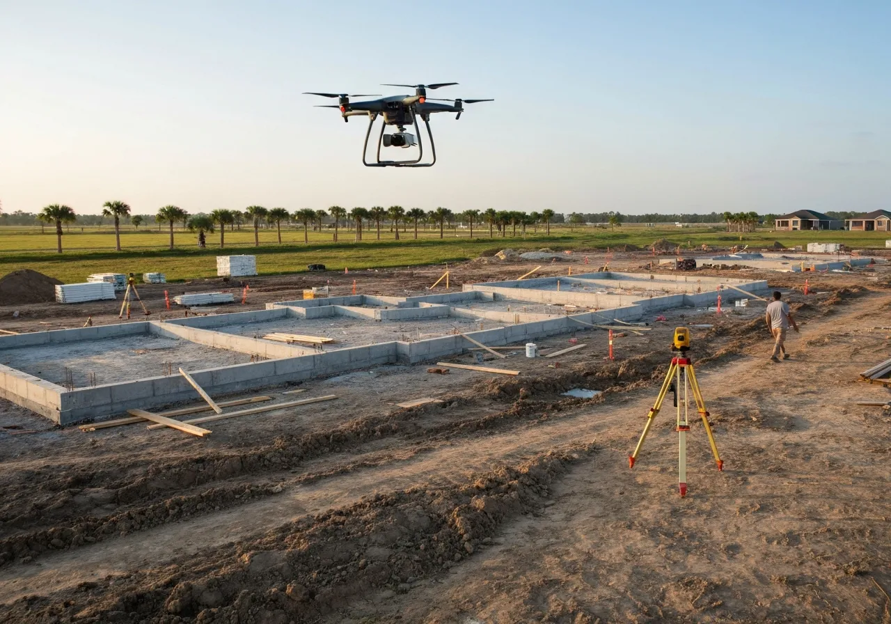 Drone survey in progress at a construction site in St. Cloud, FL with local terrain visible