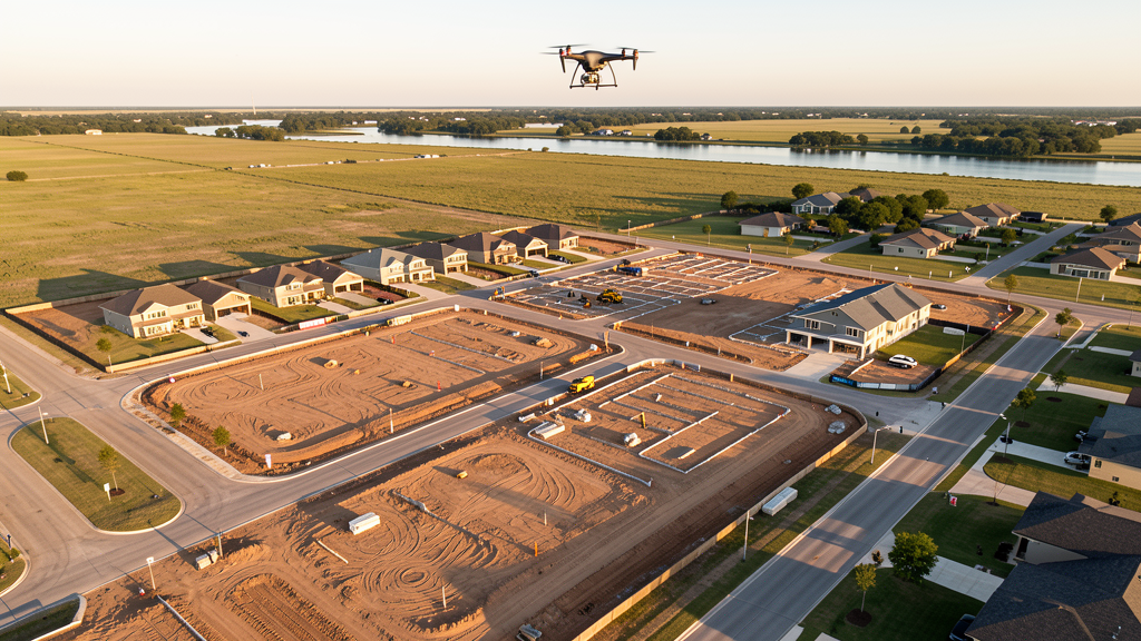 Drone survey in progress at a construction site in Sugar Land, TX with local terrain visible
