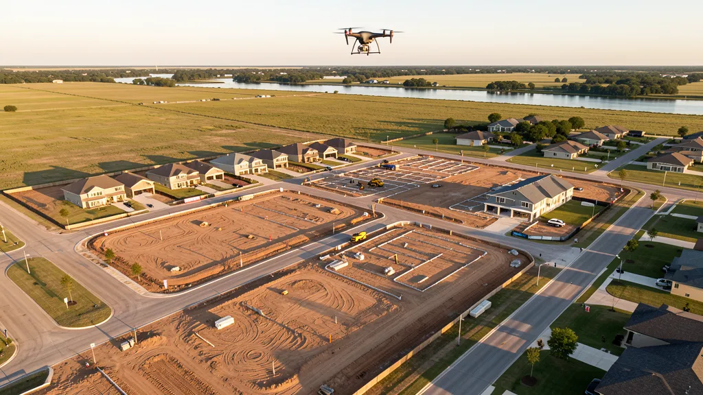 aerial imaging in progress at a construction site in Sugar Land, TX with local terrain visible