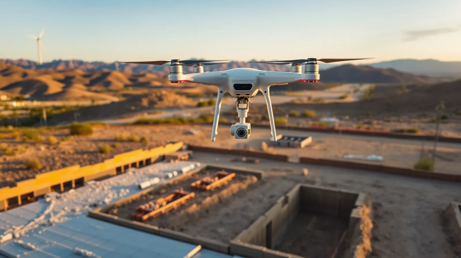 Drone survey in progress at a construction site in Tehachapi, CA with local terrain visible