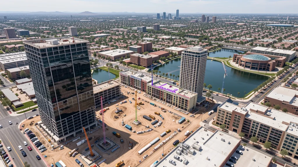 aerial imaging in progress at a construction site in Tempe, AZ with local terrain visible