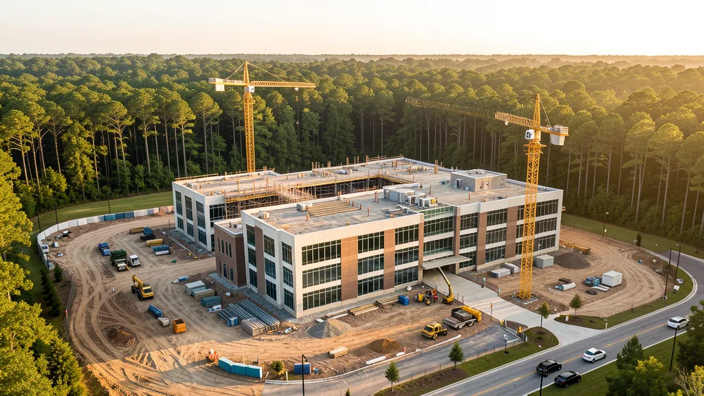 aerial imaging in progress at a construction site in The Woodlands, TX with local terrain visible