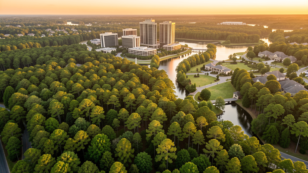 Aerial view of The Woodlands, TX showing the local landscape and terrain relevant to drone survey operations