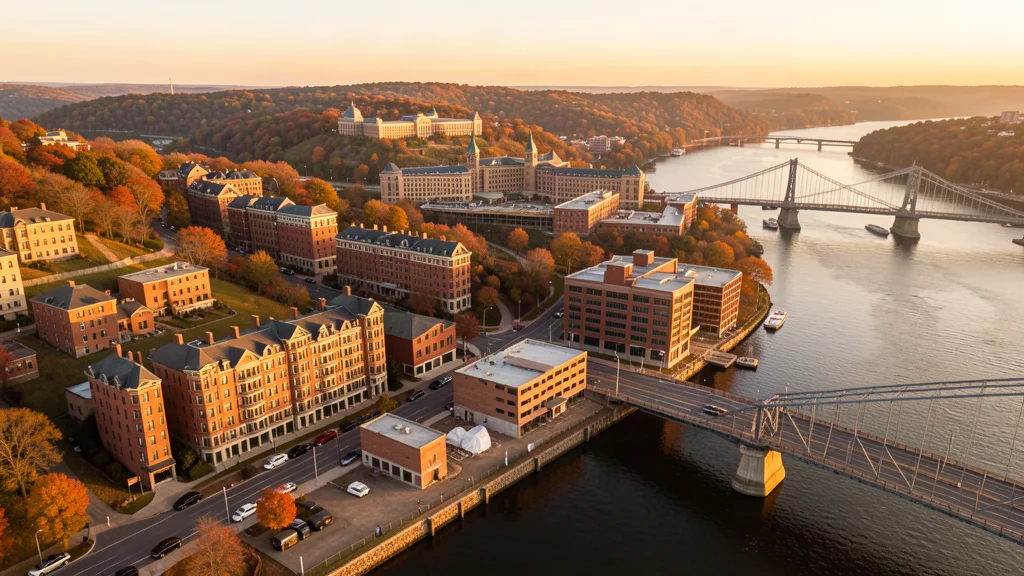 Aerial view of Troy, NY showing the local landscape and terrain relevant to aerial imaging operations