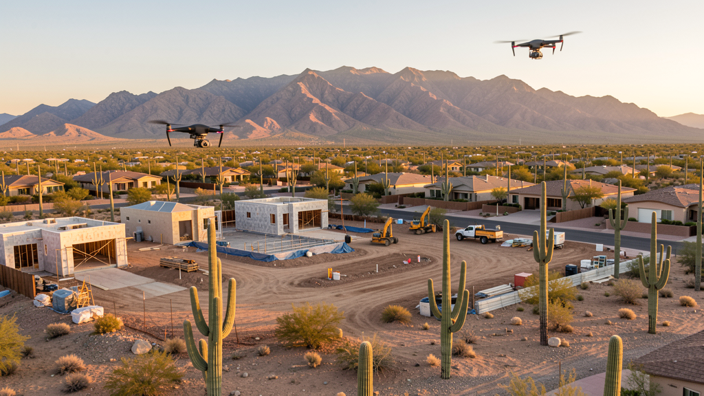 Drone survey in progress at a construction site in Tucson, AZ with local terrain visible