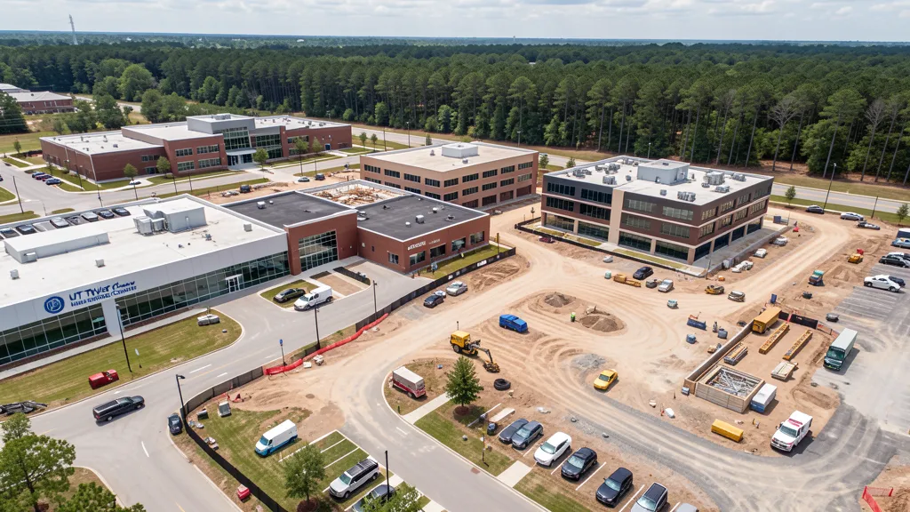 aerial imaging in progress at a construction site in Tyler, TX with local terrain visible