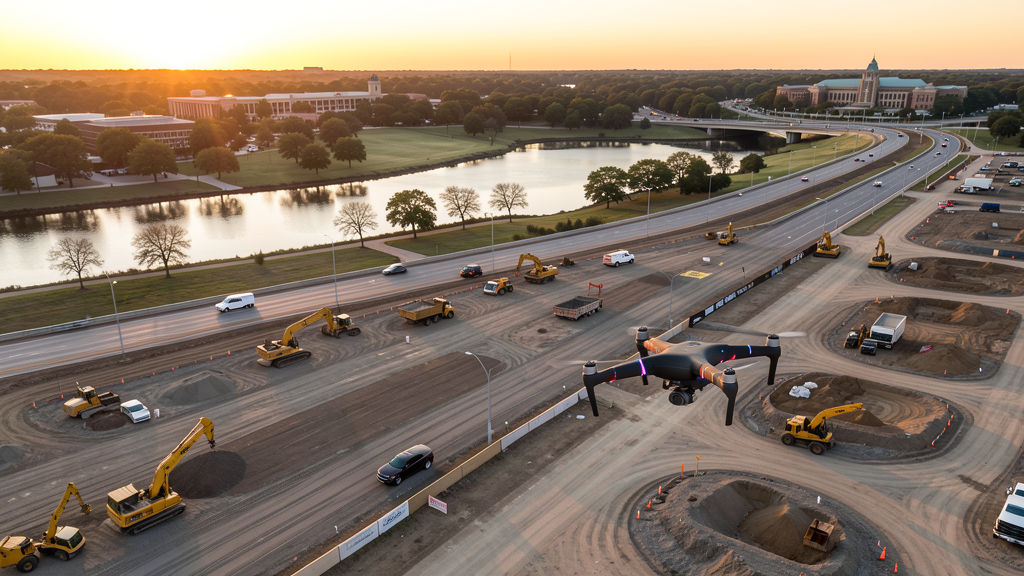 Drone survey in progress at a construction site in Waco, TX with local terrain visible