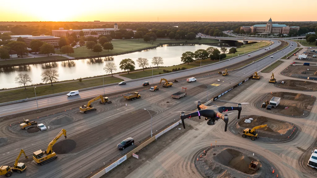 aerial imaging in progress at a construction site in Waco, TX with local terrain visible