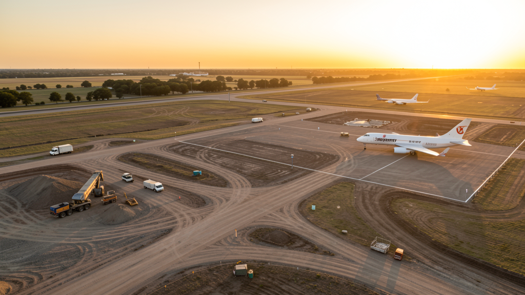 Drone survey in progress at a construction site in Wichita Falls, TX with local terrain visible