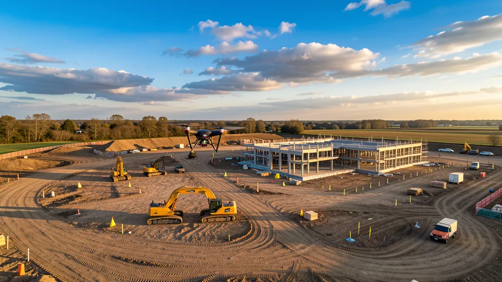 Professional drone conducting an aerial survey over a construction site with photogrammetry mapping overlay