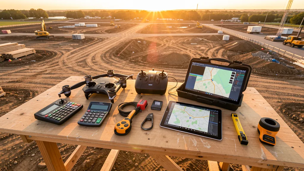 Drone survey tools and equipment laid out at a construction site