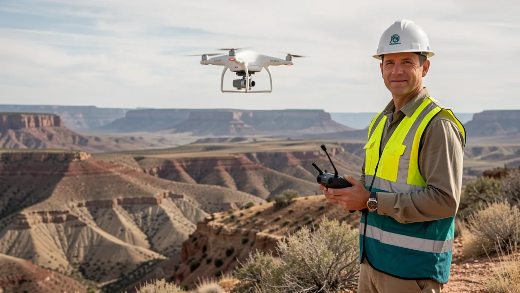 Drone surveyor in safety vest operating a quadcopter over rugged canyon terrain with a remote controller