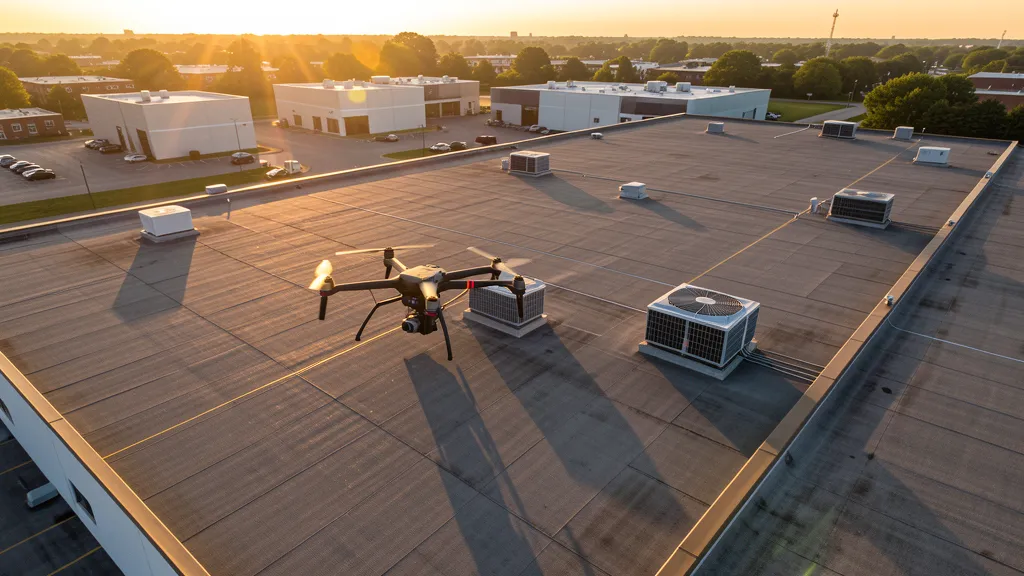 Drone conducting roof inspection in Tehachapi, California — professional aerial survey services