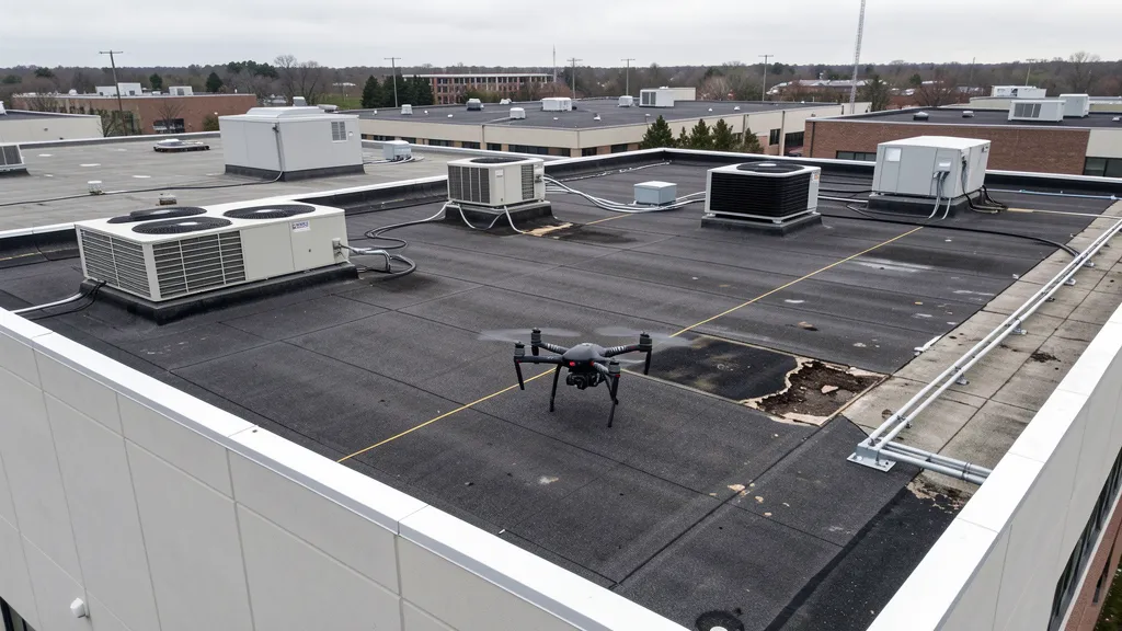 Drone roof inspection showing commercial building roof surface details and HVAC units from above