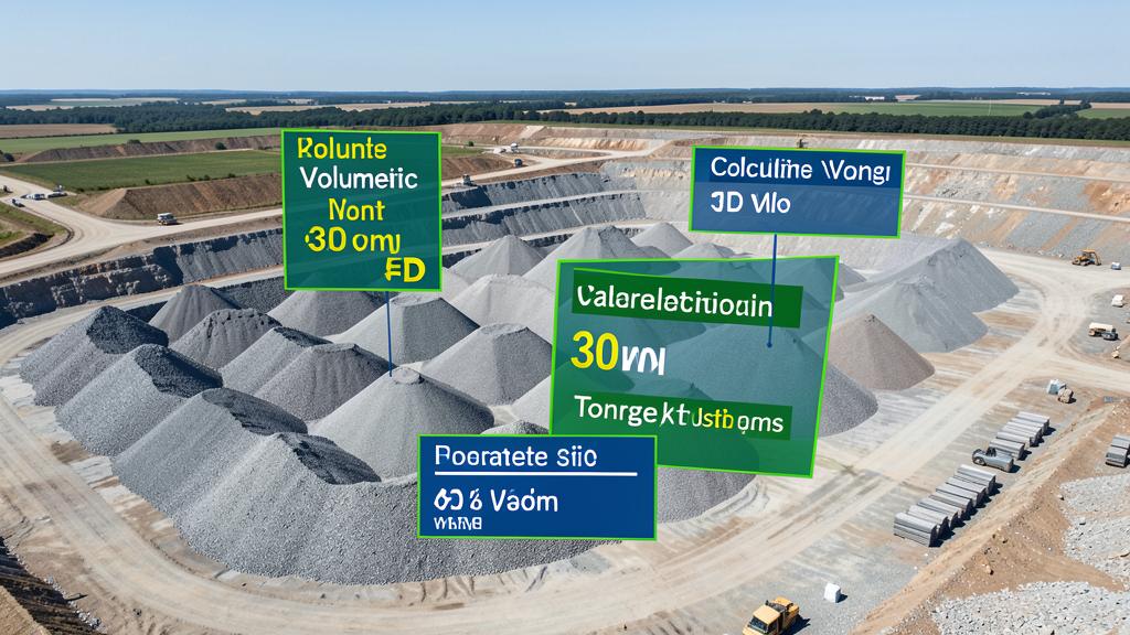 Aerial drone view of large aggregate stockpiles with 3D volumetric measurement overlays showing calculated volumes and tonnage estimates