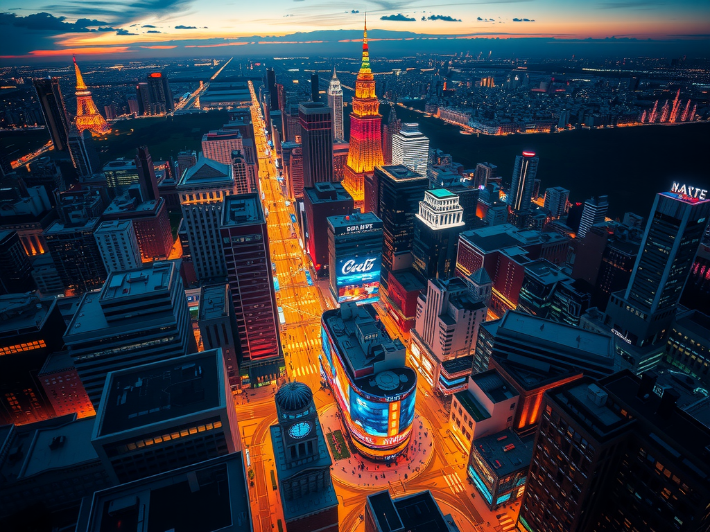 Aerial view of a vibrant cityscape at dusk, captured by a skilled aerial surveyor. Illuminated skyscrapers tower over bustling streets, while prominent digital billboards display colorful advertisements. The sky transitions from blue to orange near the horizon, signaling sunset's approach.