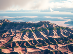 An aerial surveyor captures a stunning view of the vast desert landscape with intricate, layered rock formations and deep shadows. Hills form wavy patterns under partly cloudy skies, where sunlight delicately illuminates the scene.