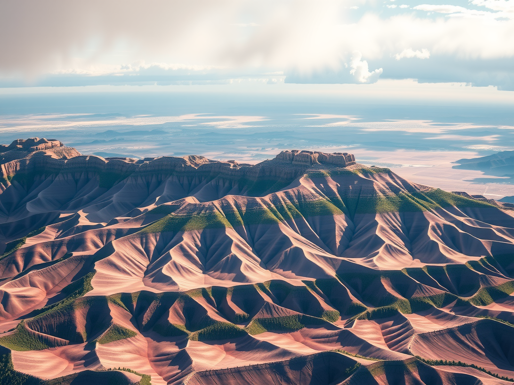 An aerial surveyor captures a stunning view of the vast desert landscape with intricate, layered rock formations and deep shadows. Hills form wavy patterns under partly cloudy skies, where sunlight delicately illuminates the scene.