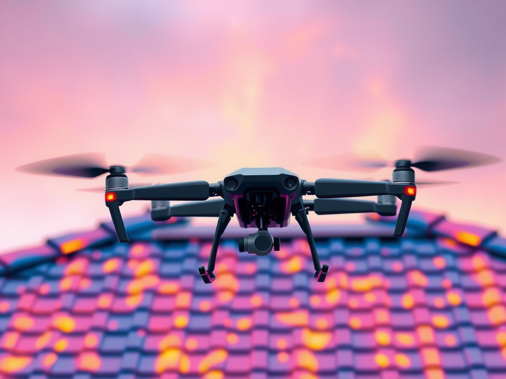 A black drone hovers in front of a colorful tiled roof. The sky in the background is a gradient of pinks and oranges, suggesting a sunrise or sunset. The drone's lights are on, and its camera is directed forward.