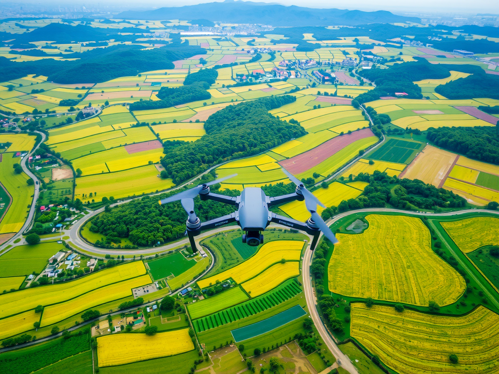 Aerial view of a landscape with a drone in the foreground flying over patchwork fields of green and yellow. The scene includes winding roads, scattered houses, and distant hills under a hazy sky.