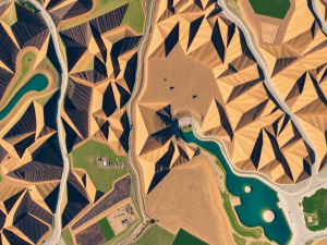 Aerial view of a geometric, sand-colored architectural landscape resembling folded paper. The design includes sharp triangular peaks and valleys, with surrounding green areas and turquoise water bodies interspersed throughout.