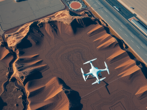 Aerial view of a white drone hovering over a desert landscape with sand dunes. A highway runs parallel to the dunes, with one car visible. The ground shows geometric patterns etched into the sand near the drone.