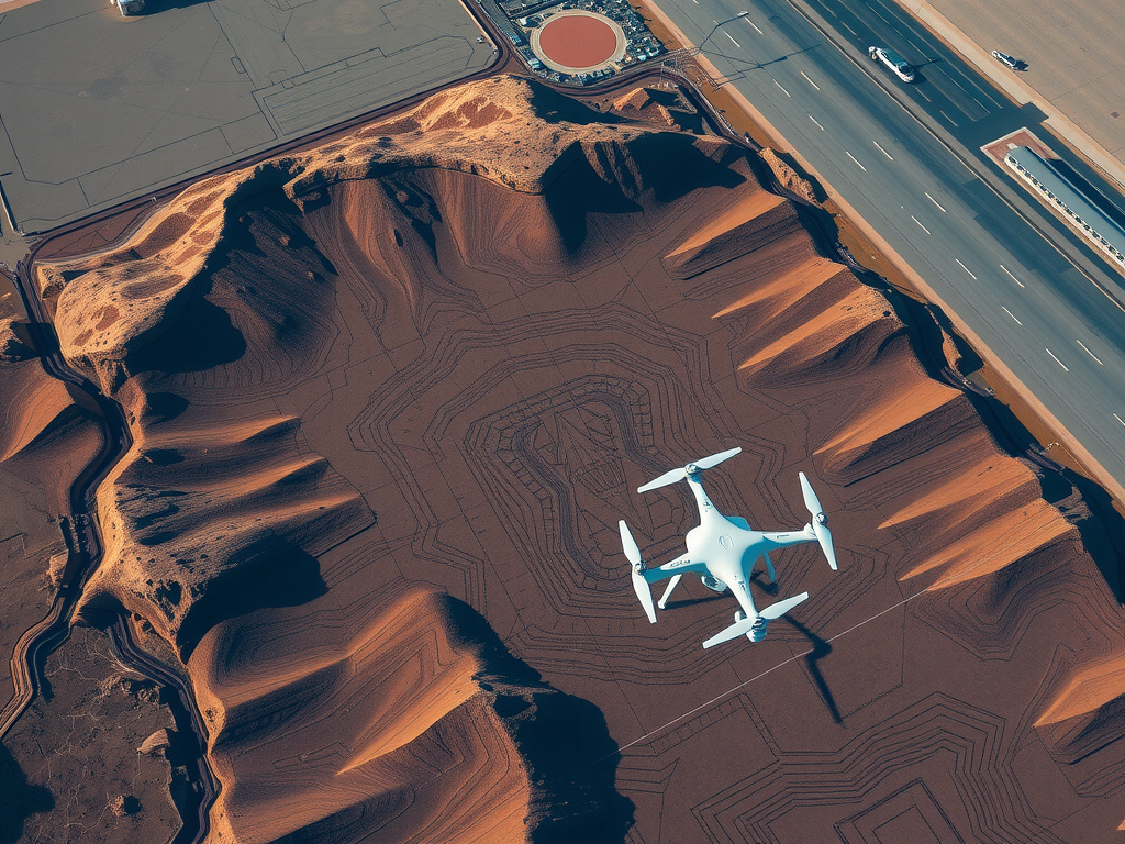 Aerial view of a large, white drone flying over a rugged, desert landscape with sand dunes. A highway with vehicles runs parallel to the desert. The scene is marked with distinct geometric patterns on the sand.