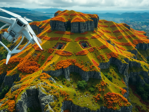 A drone flies near a vibrant, terraced landscape with orange and green foliage covering rocky formations. The scene is set against a backdrop of mountains and a cloudy sky.