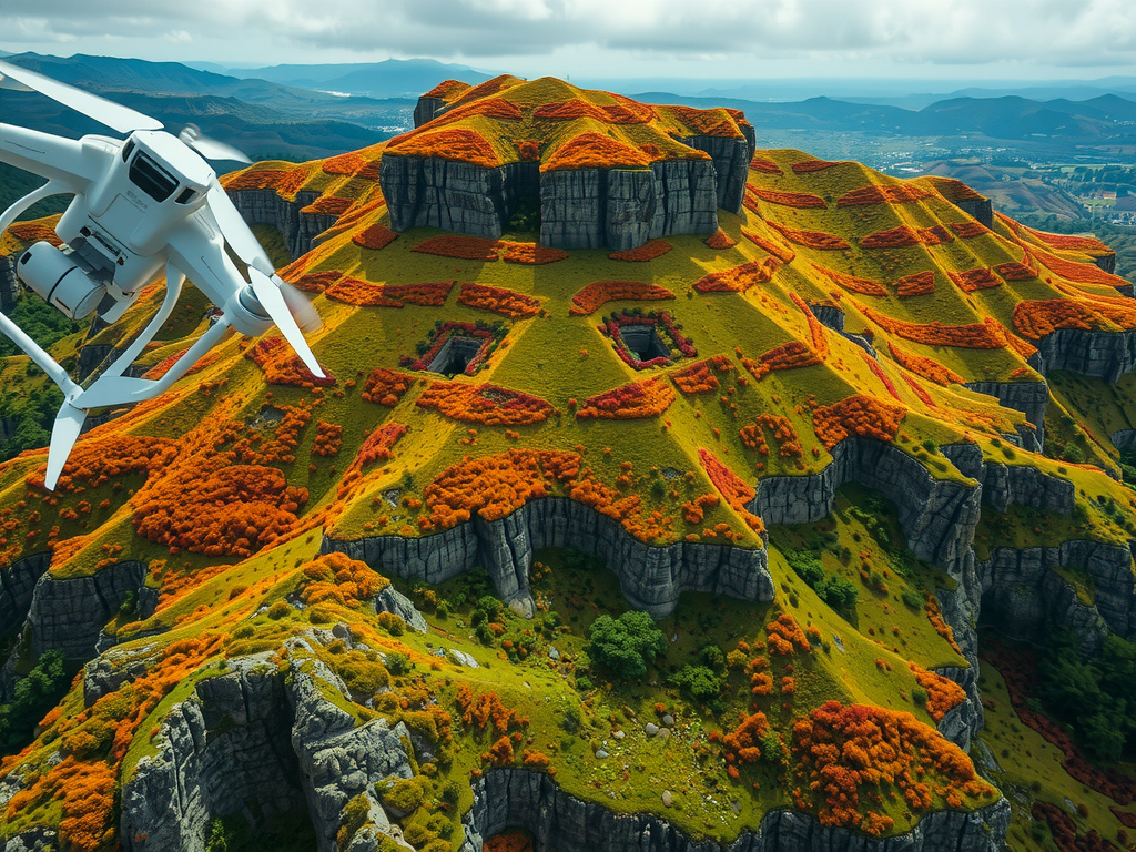 A drone flies near a vibrant, terraced landscape with orange and green foliage covering rocky formations. The scene is set against a backdrop of mountains and a cloudy sky.