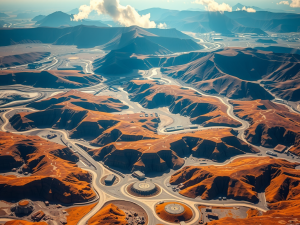 Aerial view of a desert landscape with winding roads and scattered hills. The terrain features reddish-brown hues with occasional cloud shadows. Roads create intricate patterns and connect various points across the arid terrain.
