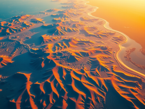 Aerial view of a desert landscape with wind-sculpted sand dunes casting long shadows. The scene is bathed in warm sunlight, while a narrow river meanders through the terrain, reflecting the light.