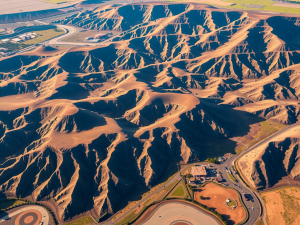 Aerial view of eroded mountains with deep valleys and ridges illuminated by sunlight. Roads and structures are visible at the base of the landscape, with patches of greenery in the surrounding area.